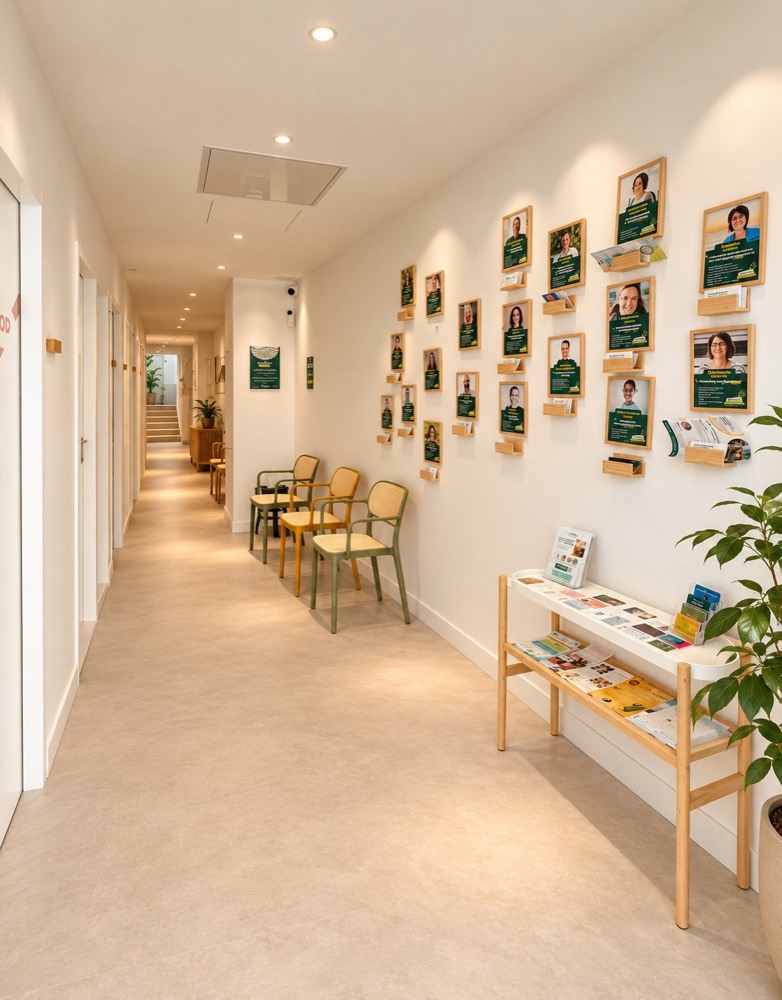 Le couloir Medwork : chaises d'attente et mur de portraits des praticiens
