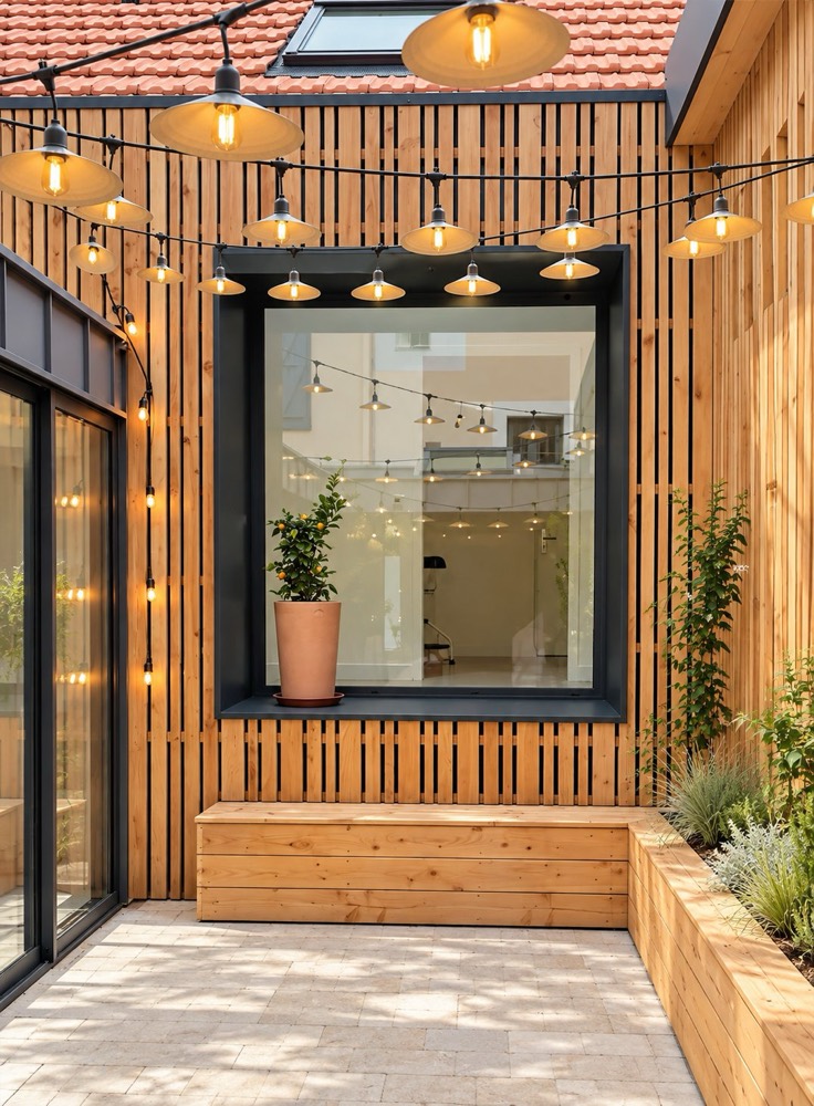 Le patio : bardage bois, banc, jardinières et guirlande lumineuse