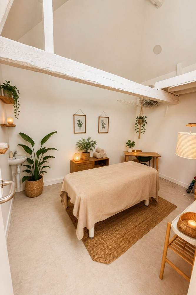 Salle Be Good : table de soins, poutres blanches, plantes et lumière douce