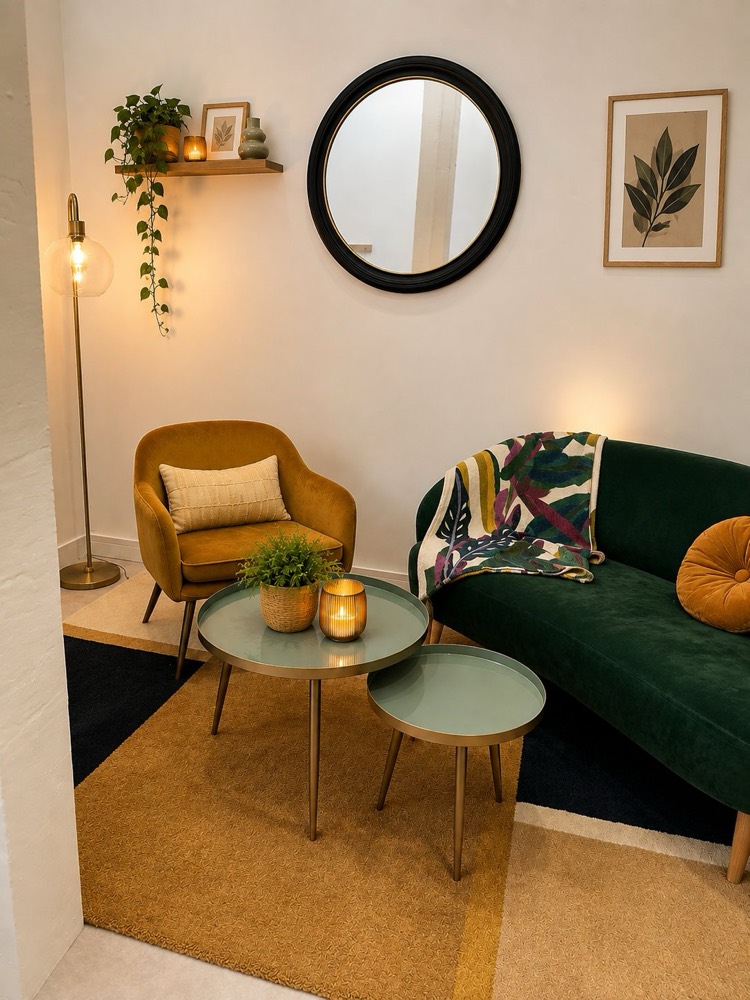 Salle Feel Good : fauteuil en velours moutarde, canapé vert, tables basses et lumière chaude