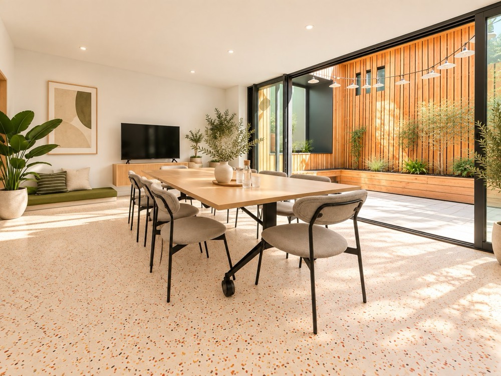 Salle Good Mood : grande table, chaises, baie vitrée ouverte sur un patio